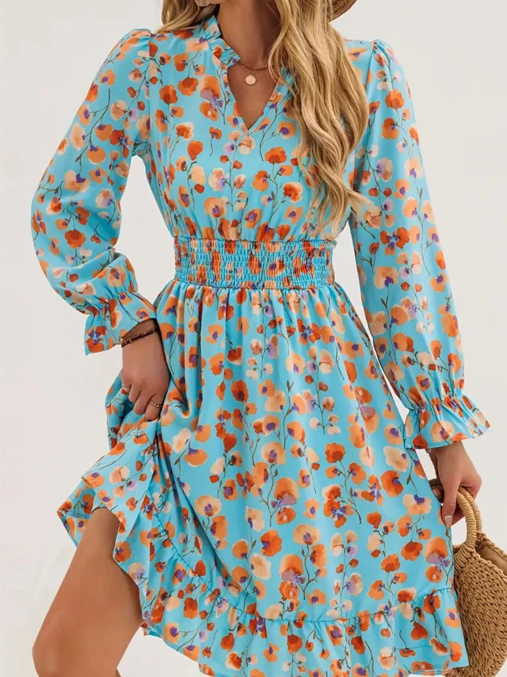 Floral Smocked Ruffled Flounce Sleeve Midi Dress