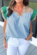 Color Block Ruffled Cap Sleeve Blouse - Chic & Stylish Light Blue
