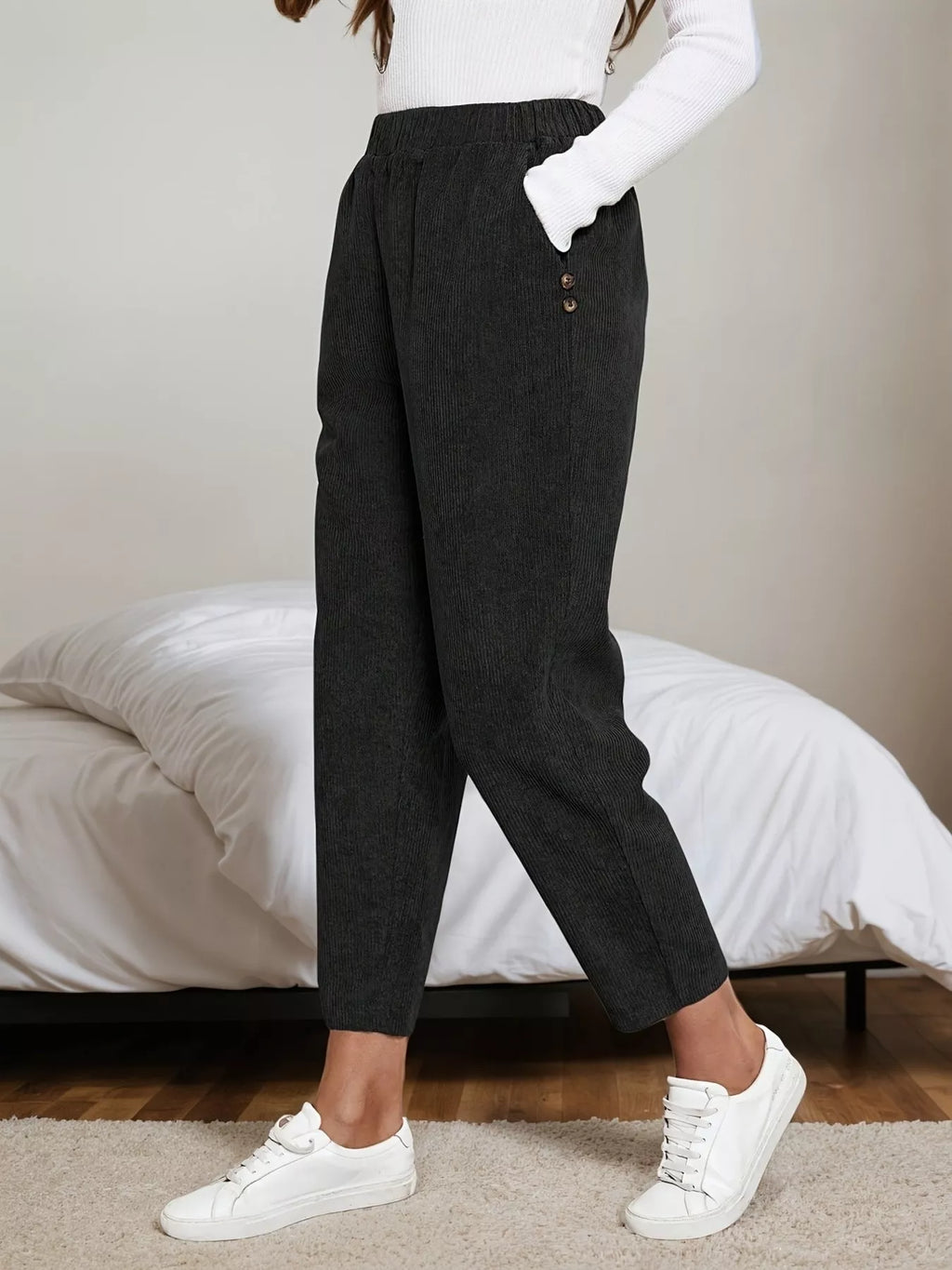 Comfort Fit Corduroy Elastic Waist Cropped Pants