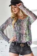 BiBi Snakeskin Print V-Neck Hacci Top LAVENDER GREEN