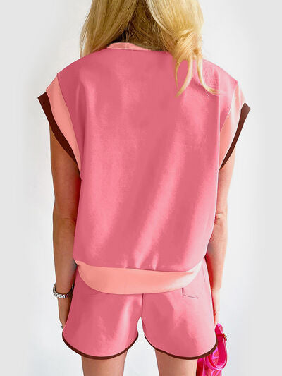 Contrast Round Neck Top and Shorts Set - Stylish & Comfortable