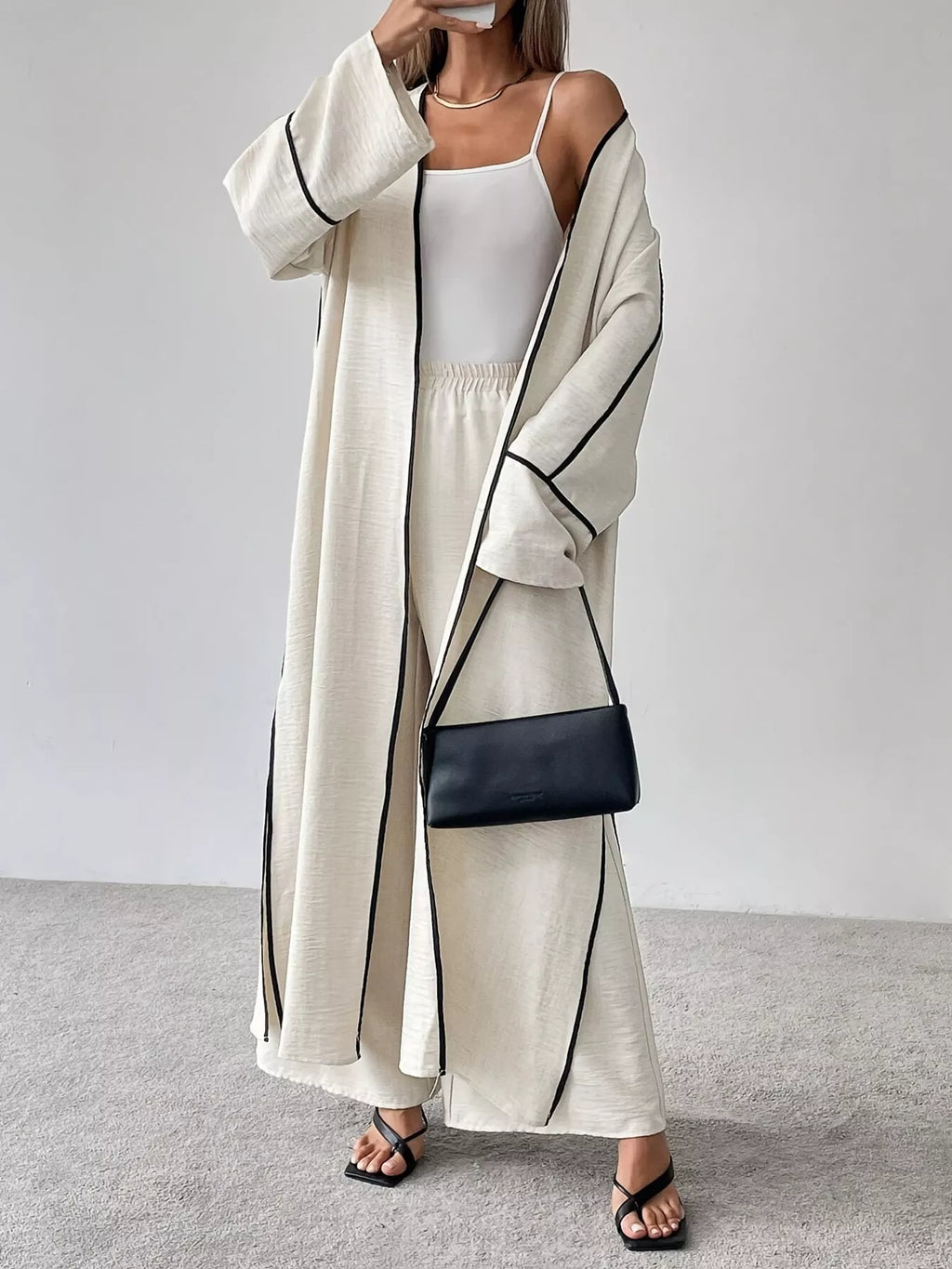 Classic Contrast-Trim Cardigan & Straight Pants Co-Ord Set