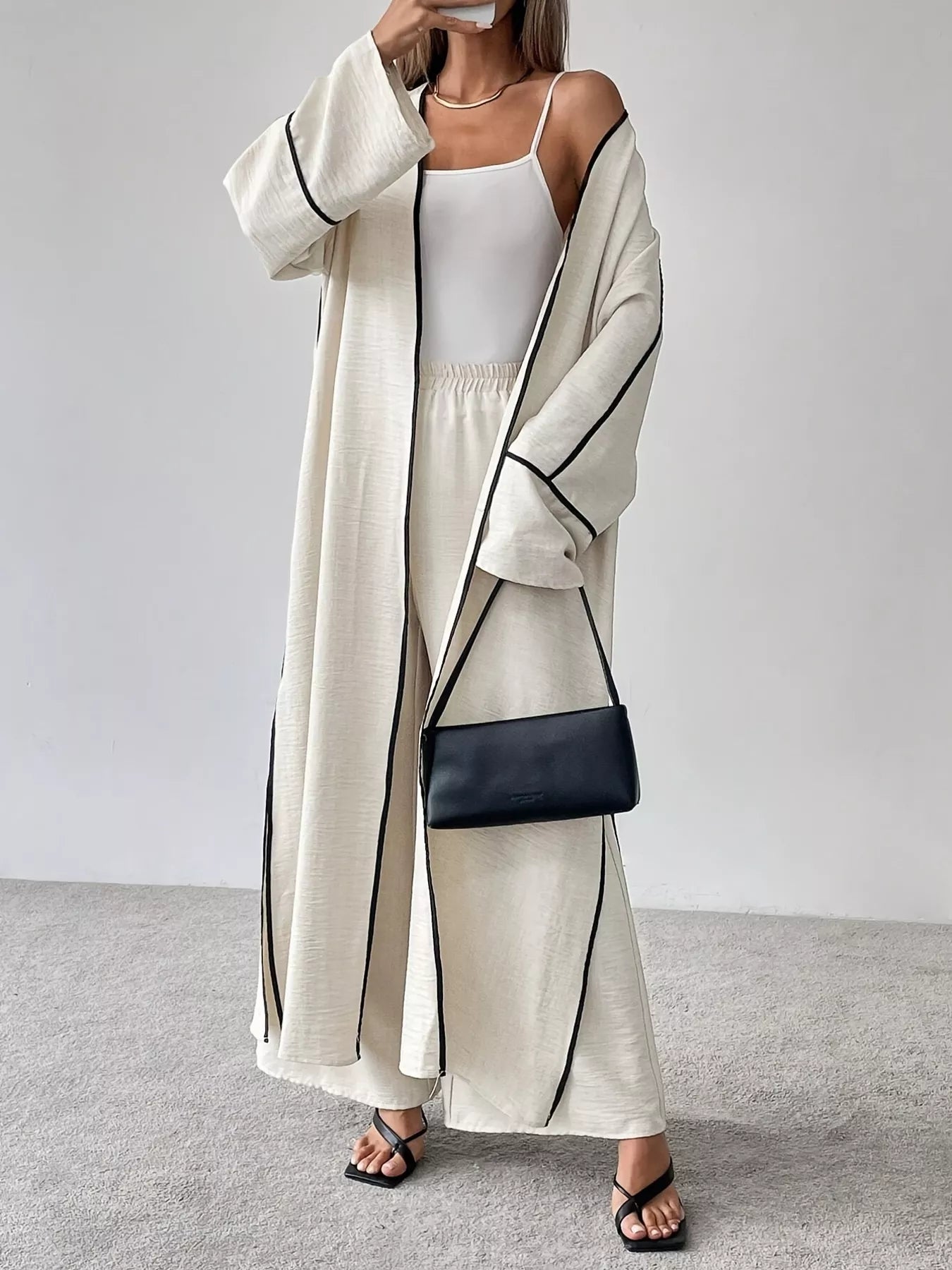 Classic Contrast-Trim Cardigan & Straight Pants Co-Ord Set