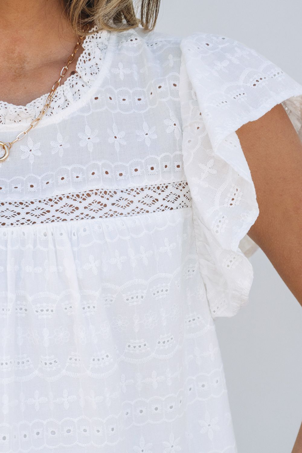 Lace Round Neck Flutter Sleeve Eyelet Blouse