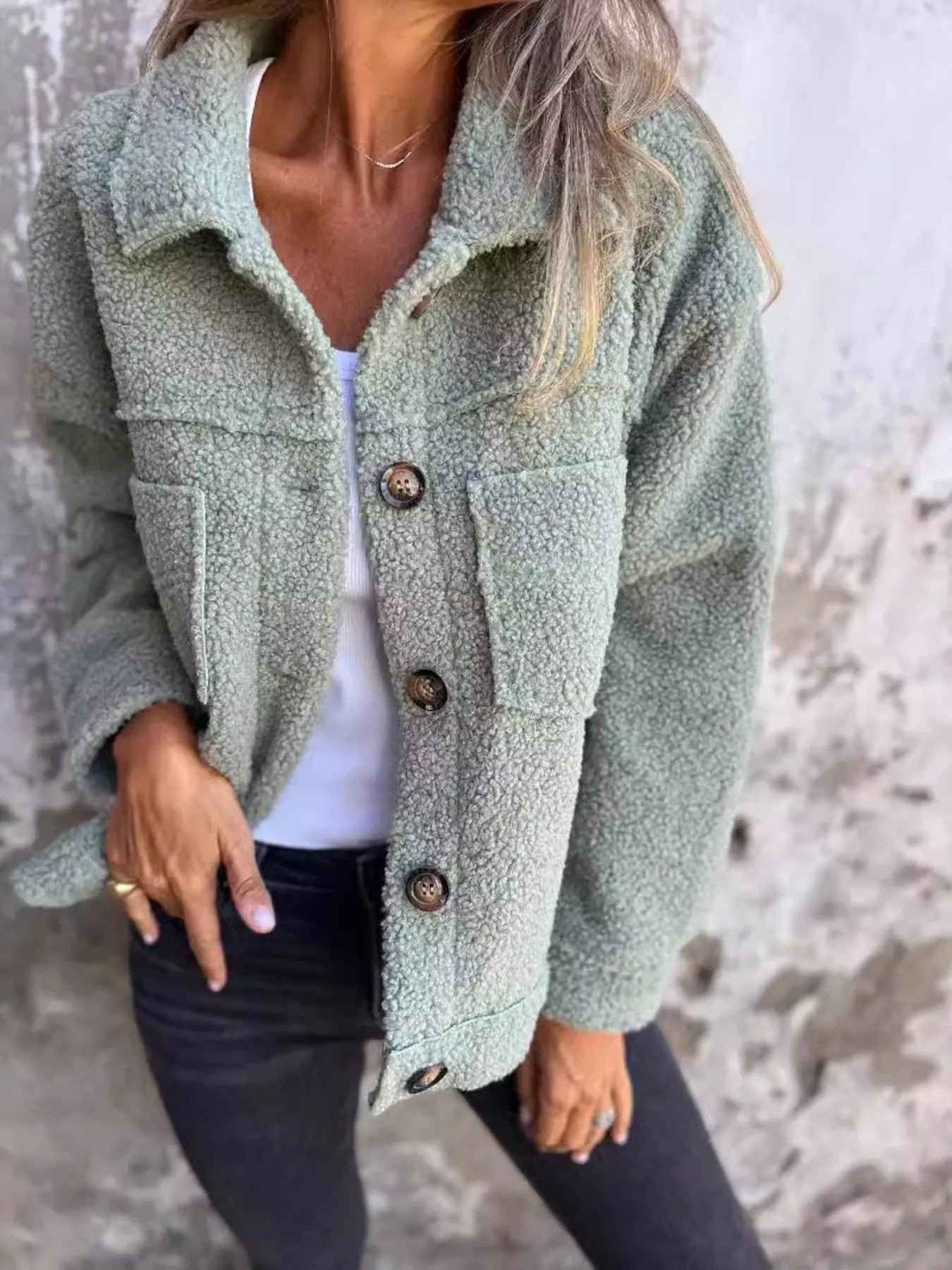 Cozy Single-Breasted Sherpa Shacket for Women – Plus Size Green