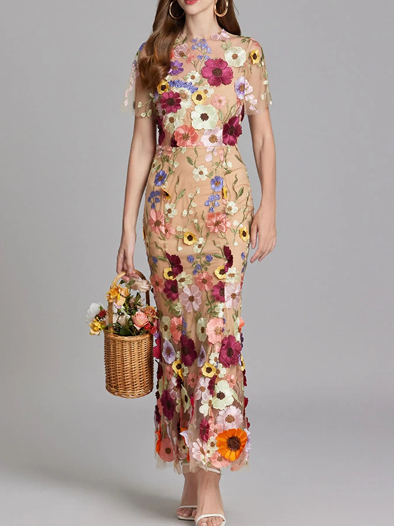 Embroidered Mesh Overlay Maxi Dress – Lined Evening Wear with Zipper Closure
