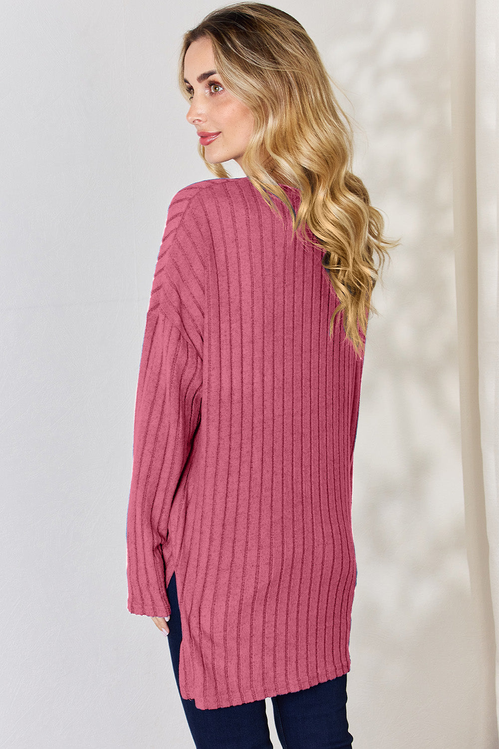 Basic Bae Ribbed Half Button Long Sleeve High-Low T-Shirt