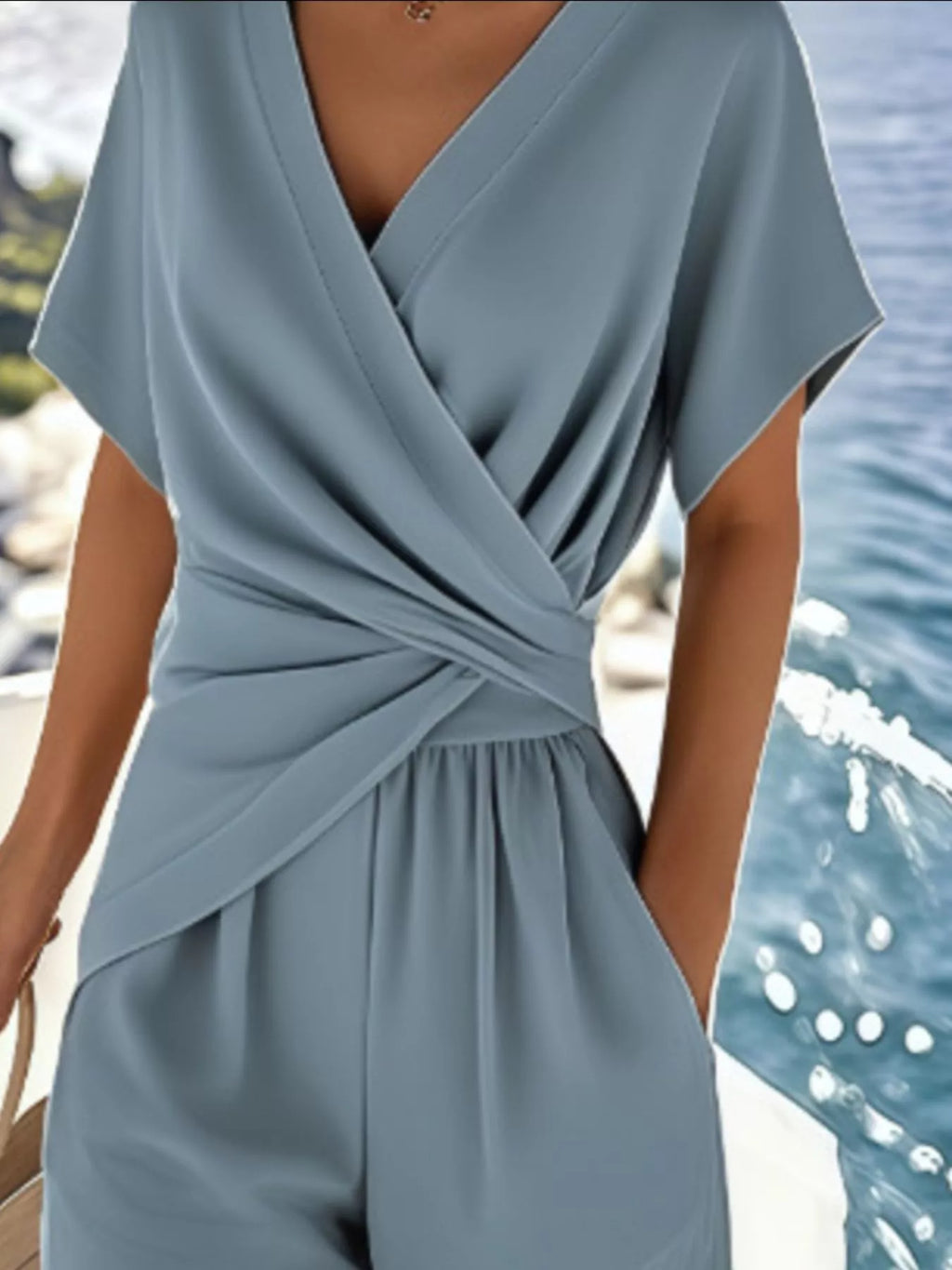 Full Size Surplice V-Neck Short Sleeve Top & Pants Set – Plus Size