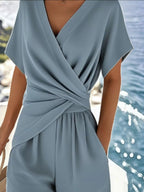 Full Size Surplice V-Neck Short Sleeve Top & Pants Set – Plus Size