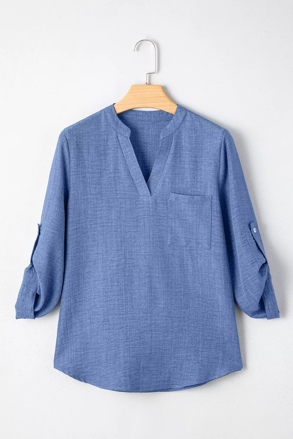 Classic Roll-Up Sleeve Notched Collar Blouse with Pocket Detail