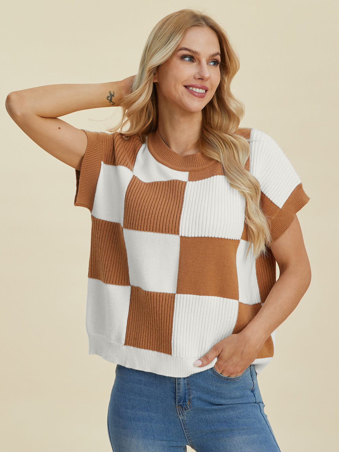 Double Take Checkered Round Neck Short Sleeve Sweater