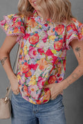 Lace Trim Ruffle Cap Sleeve Blouse - Feminine & Stylish Floral