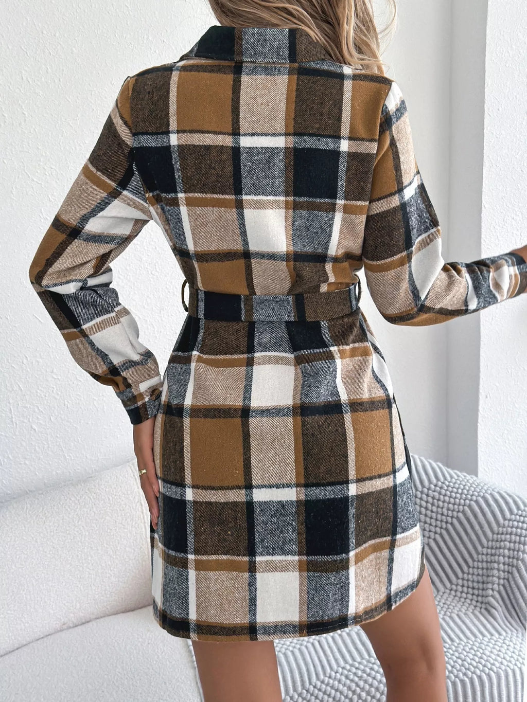 Plaid Button-Front Tie Waist Shirt Dress