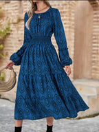 Smocked Balloon Sleeve Round Neck Midi Dress