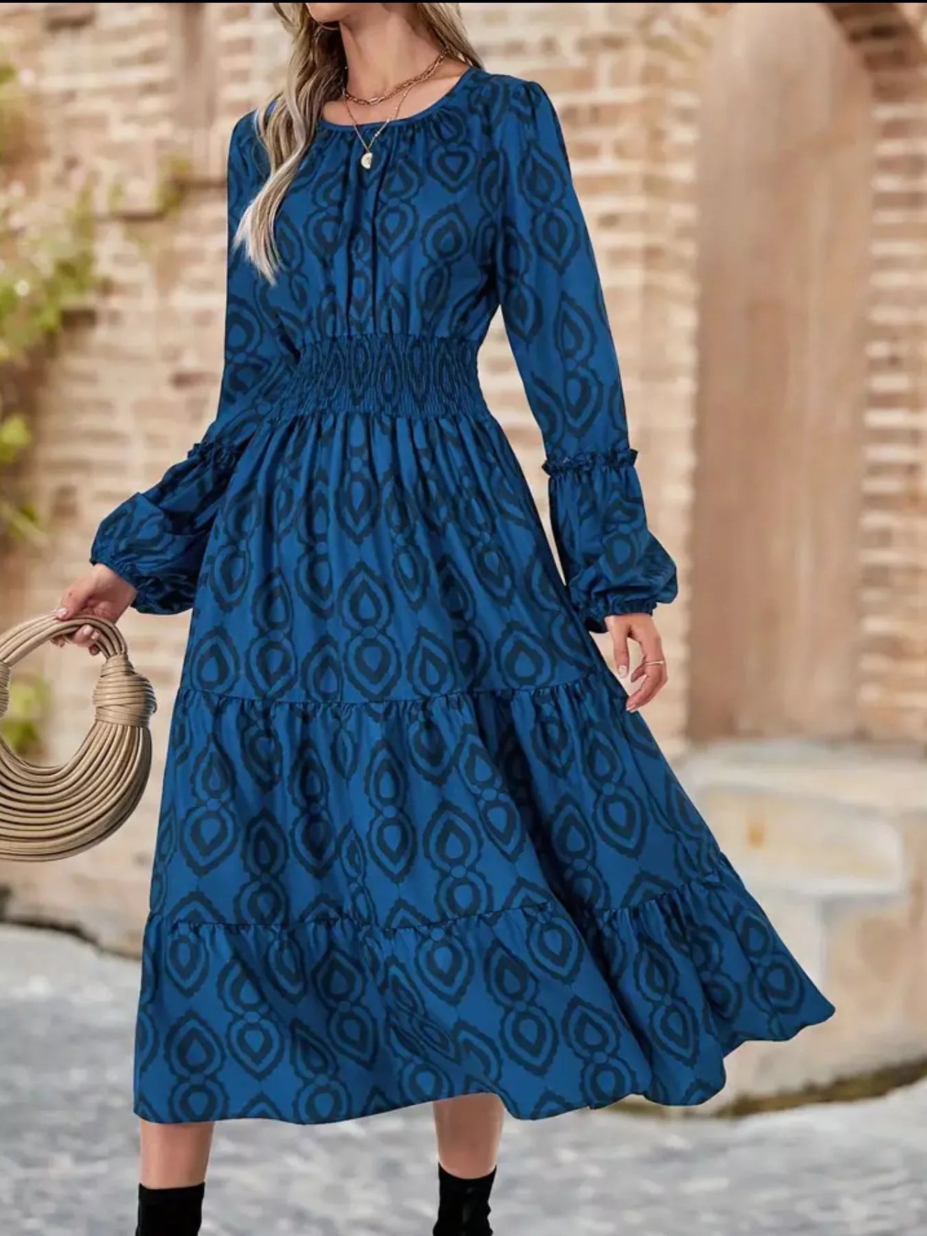 Smocked Balloon Sleeve Round Neck Midi Dress