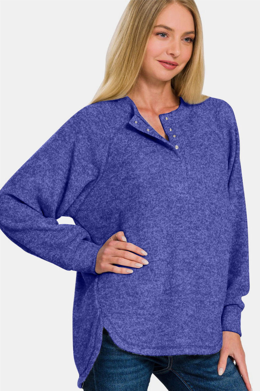 Zenana Brushed Melange Hacci High-Low Henley Sweater