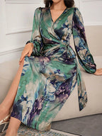Printed Tie-Waist Balloon Sleeve Midi Dress