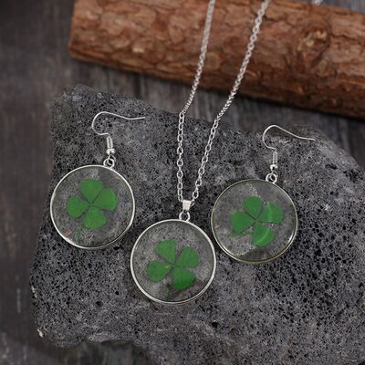 Stylish Lucky Clover Alloy Acrylic Jewelry Set - Earrings & Necklace Green One Size