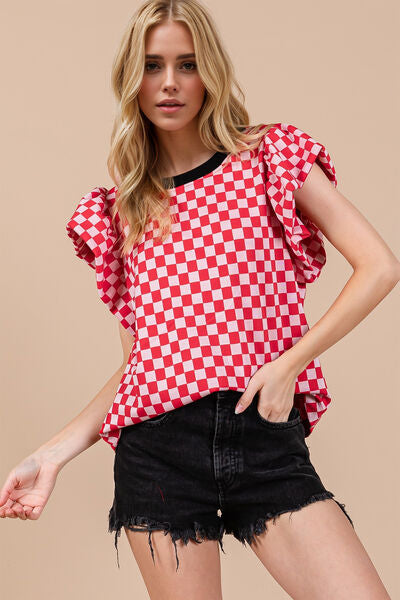 Oh Checkered Round Neck Puff Sleeve Blouse Red