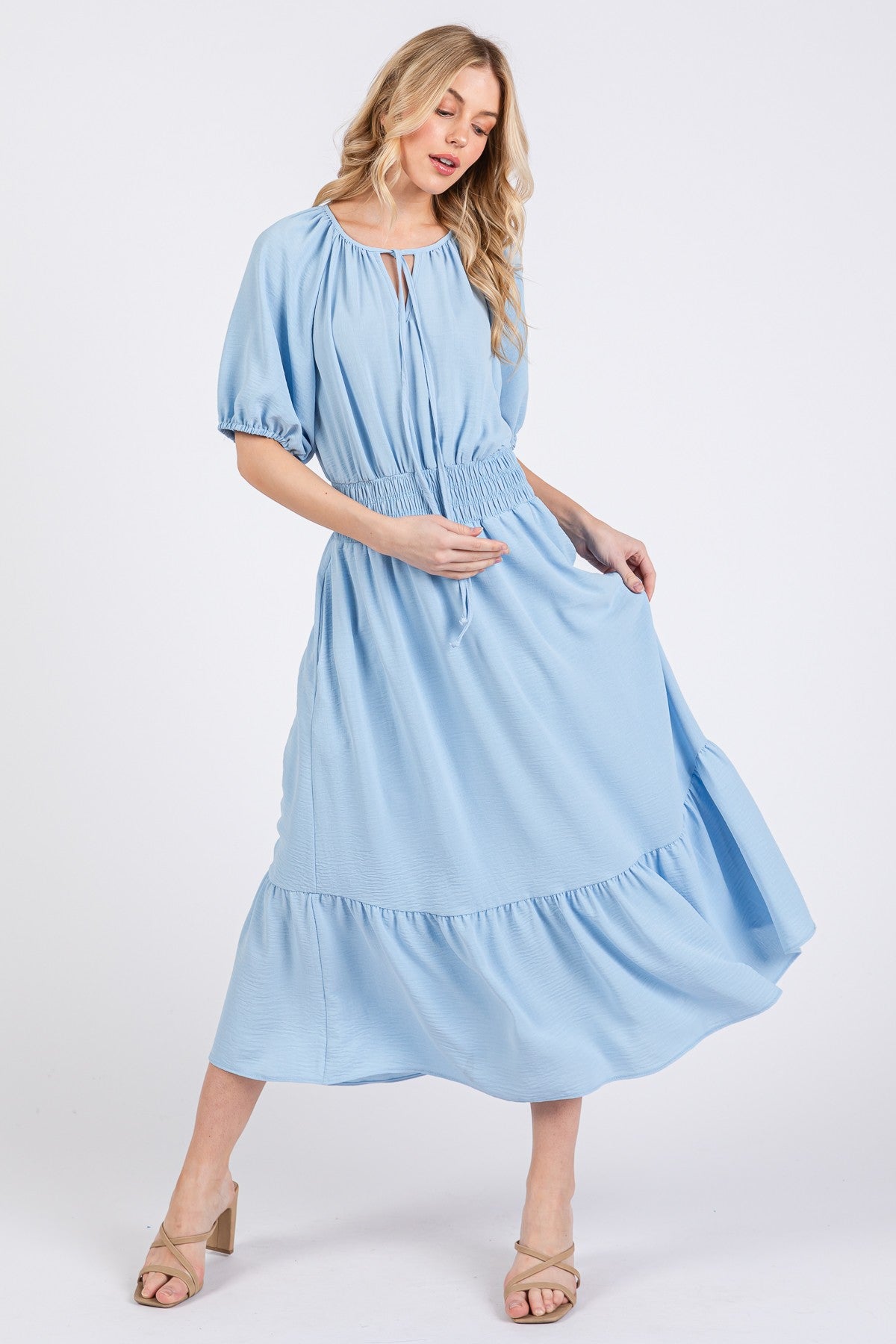 Ces Femme Smocked Waist Tie Neck Puff Sleeve Dress