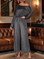 Elegant Glitter One-Shoulder Long Sleeve Wide-Leg Jumpsuit