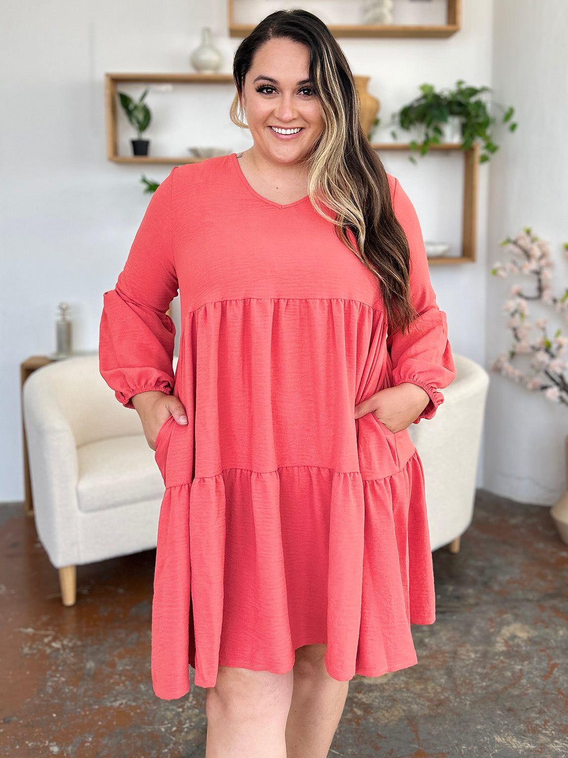 Full Size V-Neck Tiered Balloon Sleeve Dress with Pockets Coral