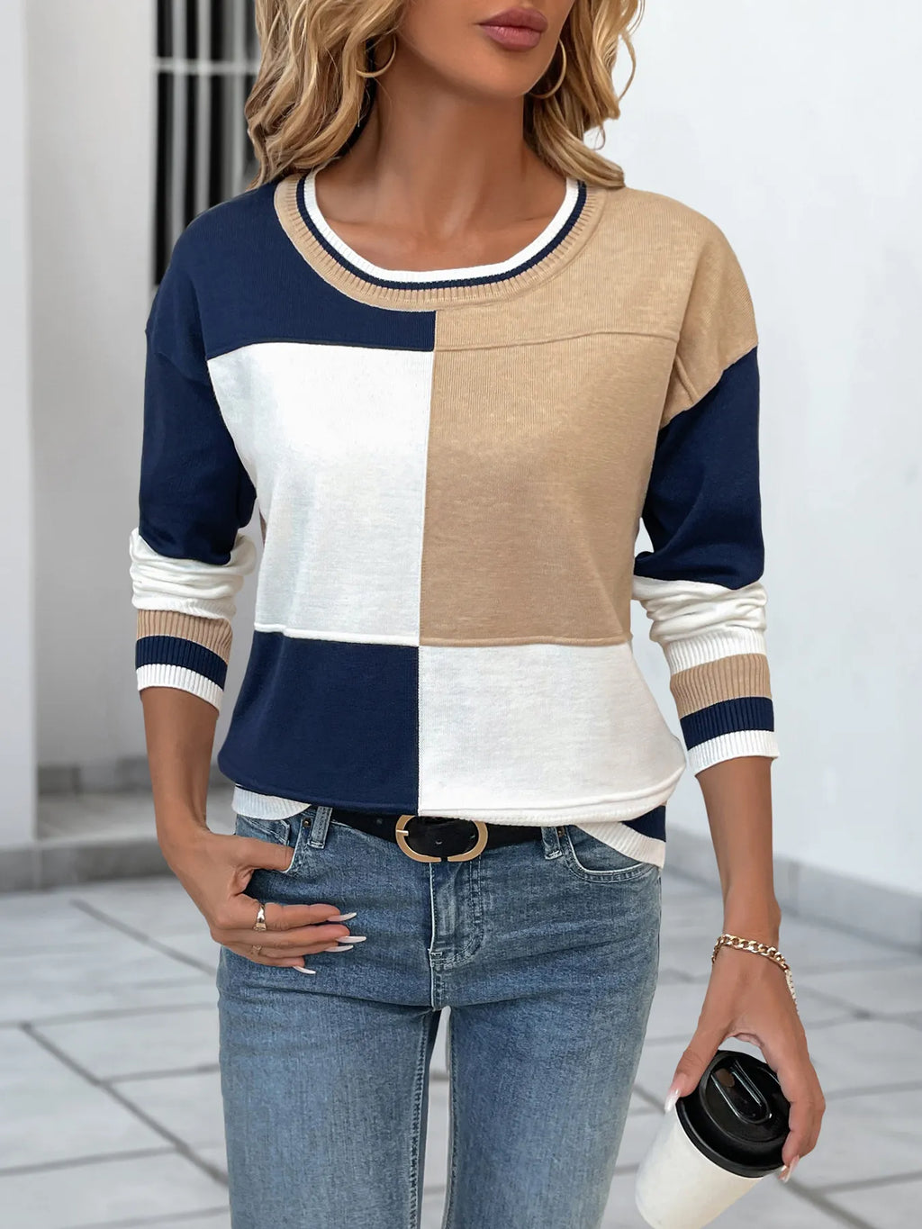 Color Block Crew Neck Sweater with Ribbed Trim Multicolor