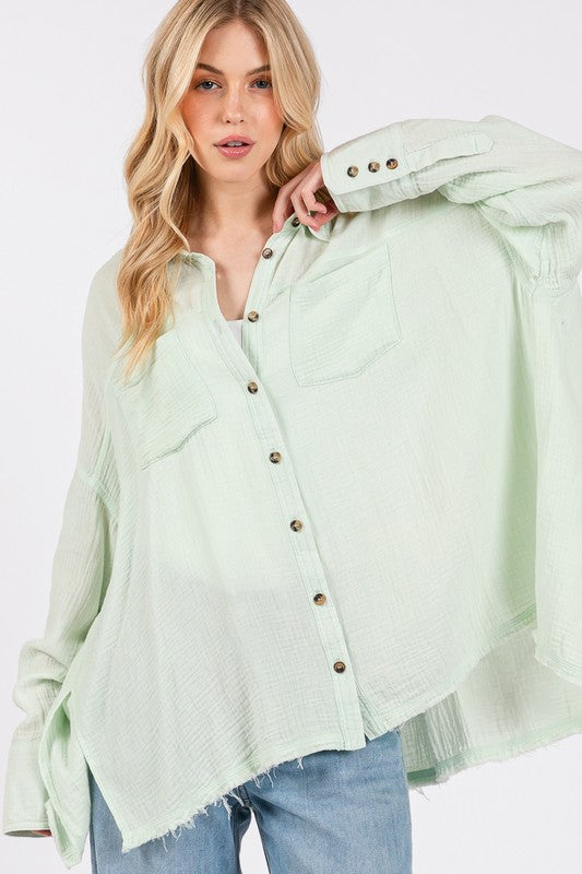 SAGE + FIG Frayed Hem Button-Down Shirt with Side Slits