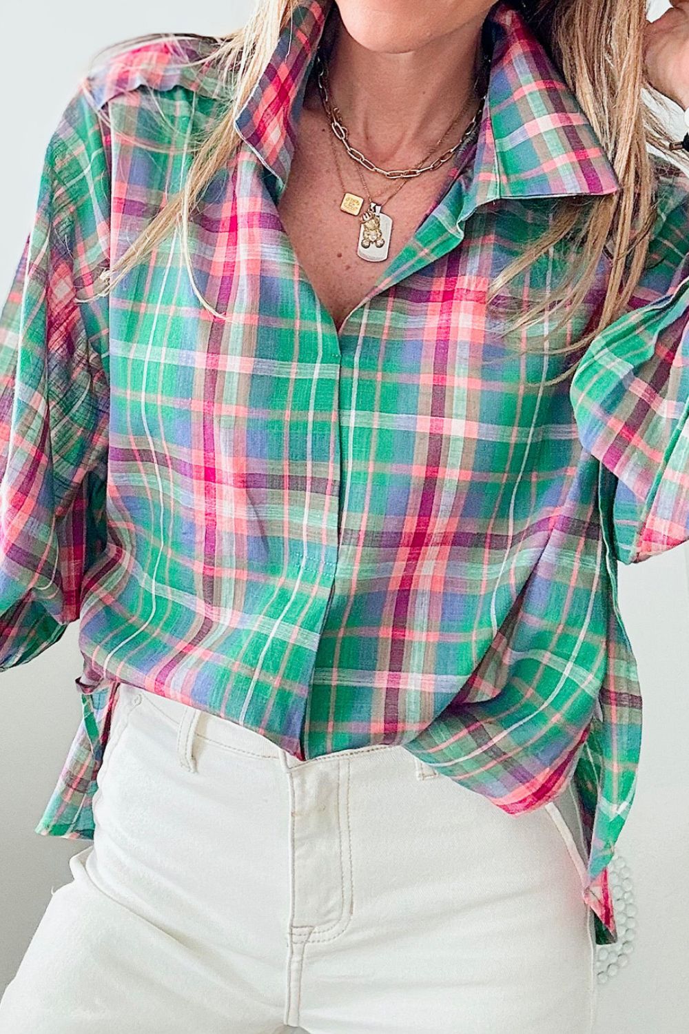 Plaid Collared Neck Three-Quarter Sleeve Shirt