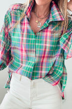 Plaid Collared Neck Three-Quarter Sleeve Shirt