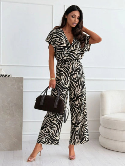 Leopard Print Short Sleeve Wide Leg Jumpsuit Zebra