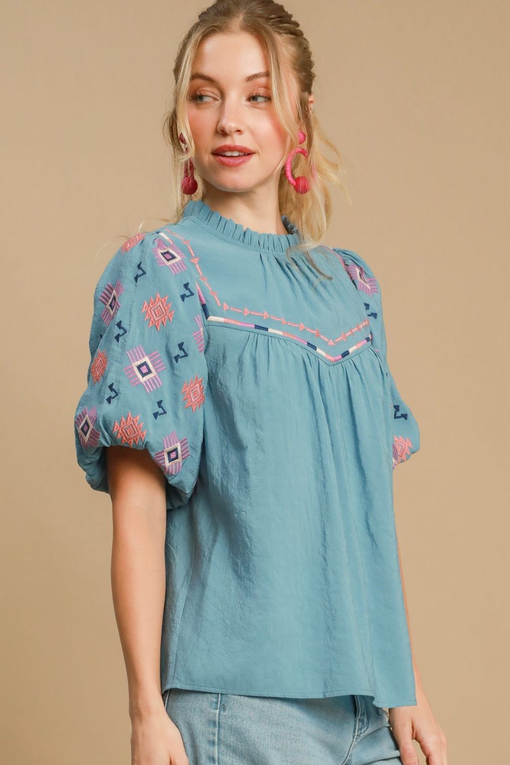 Embroidered Puff Sleeve Mock Neck Top