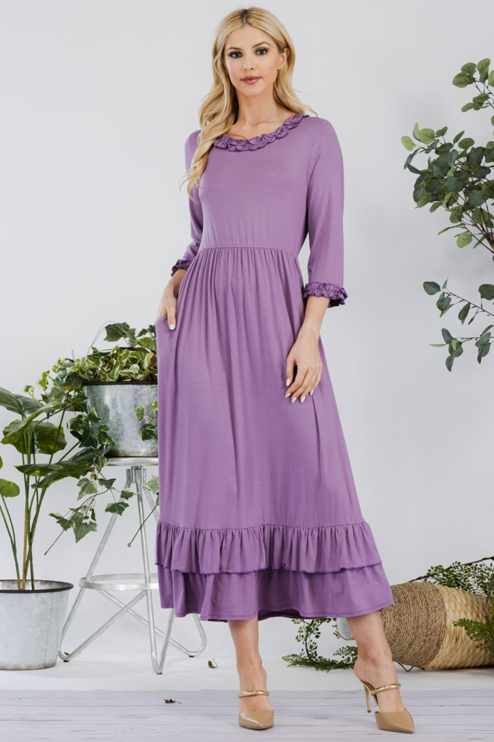 Elegant Layered Ruffle Hem Midi Dress with Pockets