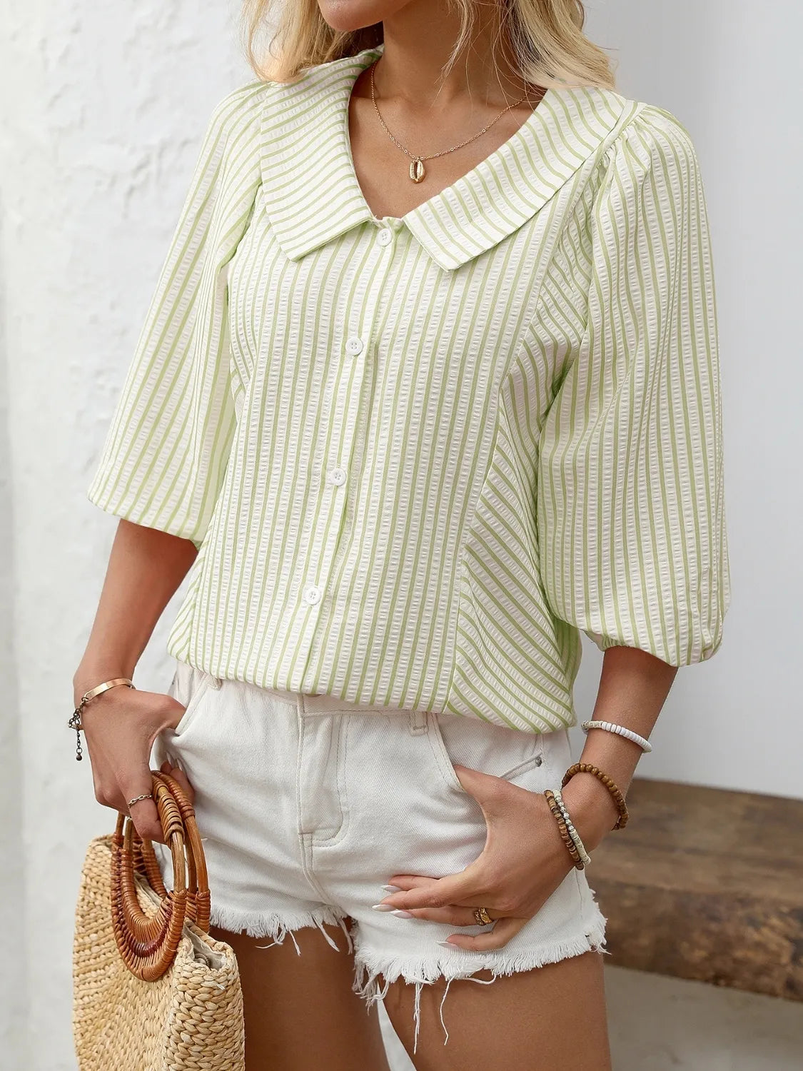 UrbanLine Striped Button Down Shirt - 3/4 Sleeve Style