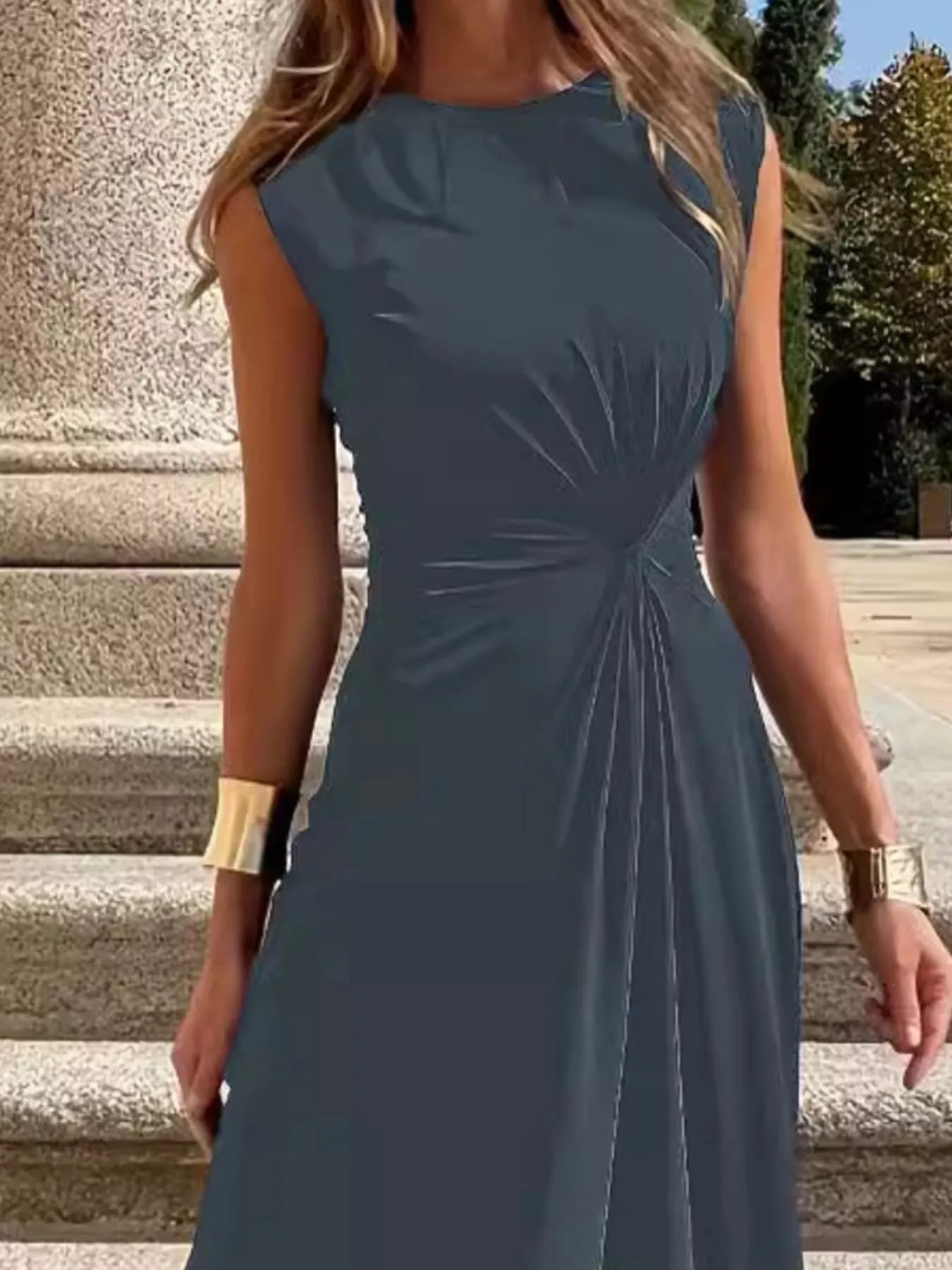 Twisted Round-Neck Sleeveless Ruched Maxi Dress