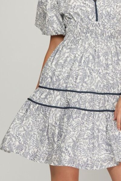 She + Sky Full Size Printed V-Neck Puff Sleeve Tiered Dress