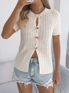 Cable Knit Button Down Short Sleeve Cardigan - Stylish & Versatile