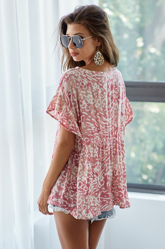 Leopard Print Flutter Sleeve Blouse - Trendy Peplum Top