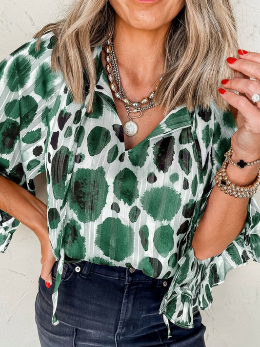 Elegant Printed Tie-Neck Three-Quarter Sleeve Blouse Dark Green