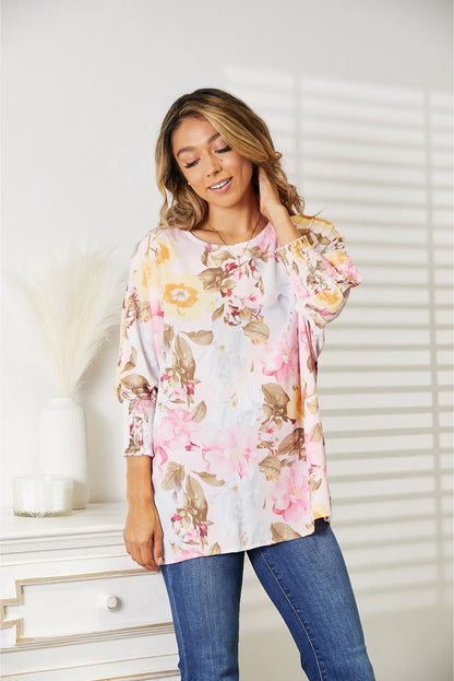 Double Take Floral Round Neck 3/4 Sleeve Top