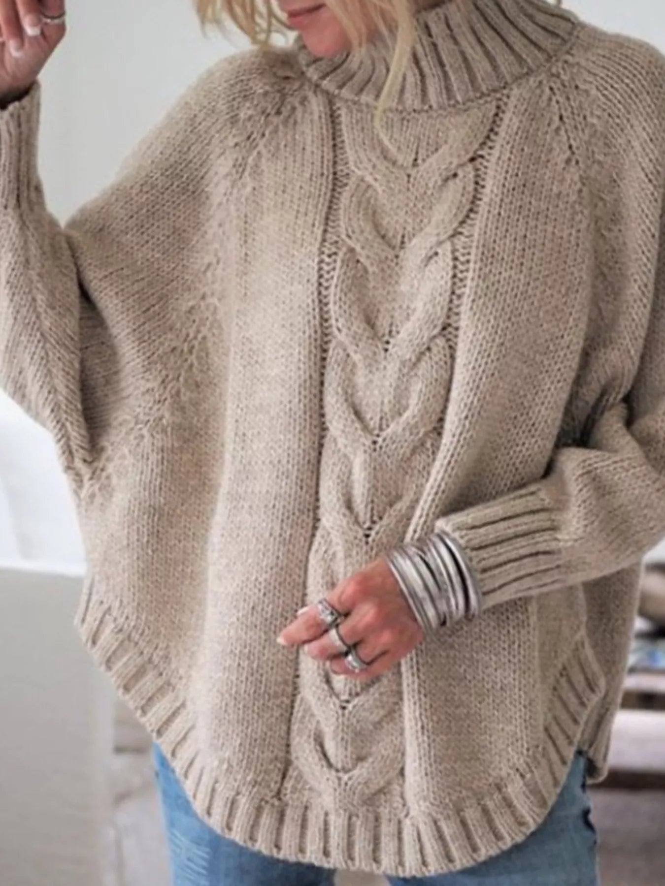 Full-Size Cable-Knit Long Sleeve Sweater (Plus Size) Khaki