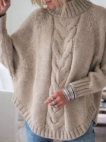 Full-Size Cable-Knit Long Sleeve Sweater (Plus Size) Khaki