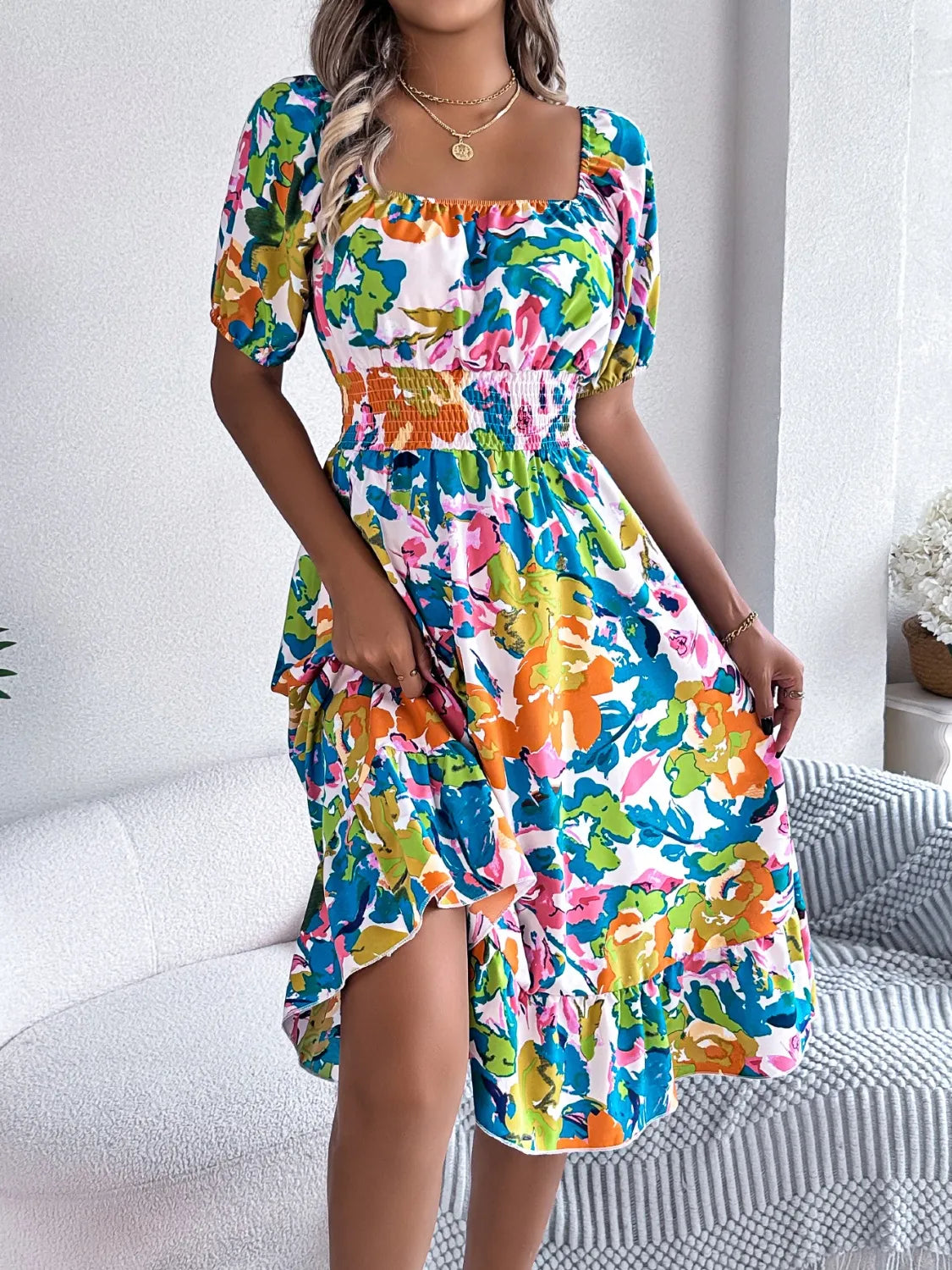 Smocked Ruffle Hem Floral Midi Dress