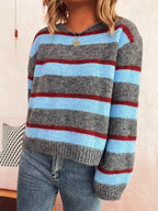 Striped Ribbed Round Neck Long Sleeve Sweater