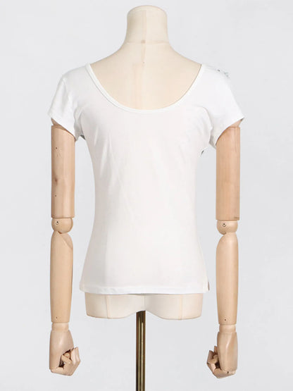 Elegant Ruffled Round Neck Short Sleeve Top
