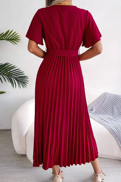 Pleated Flutter Sleeve Midi Dress with Belted Waist