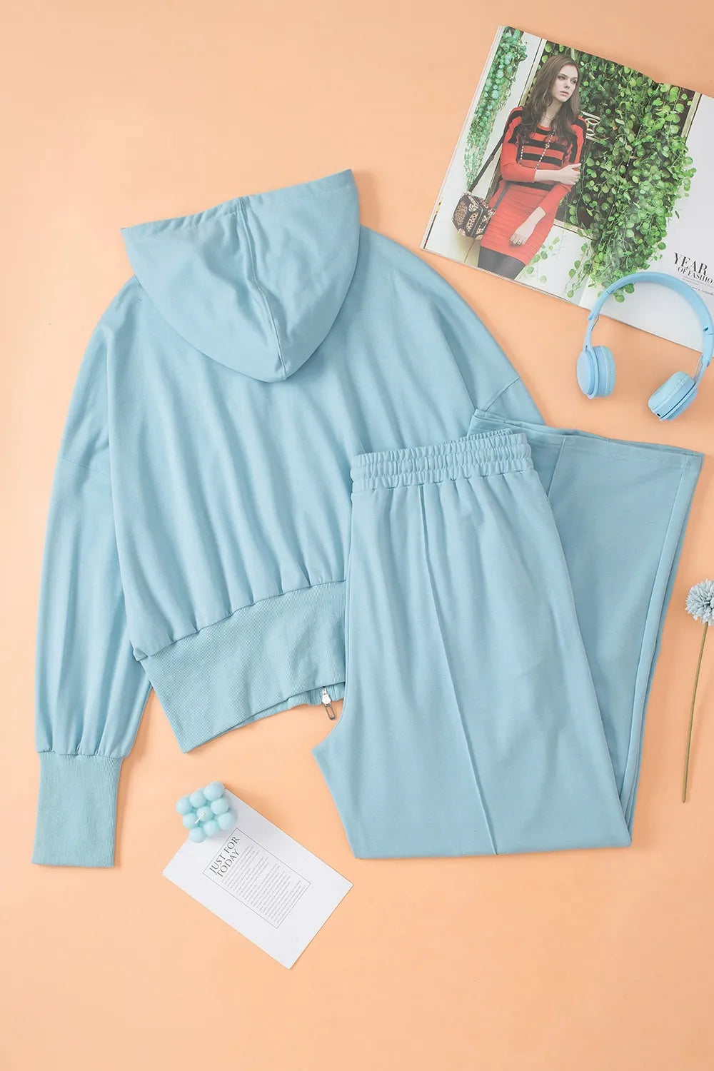 Two-Piece Zip-Up Hoodie and Jogger Pants Activewear Set Light Blue