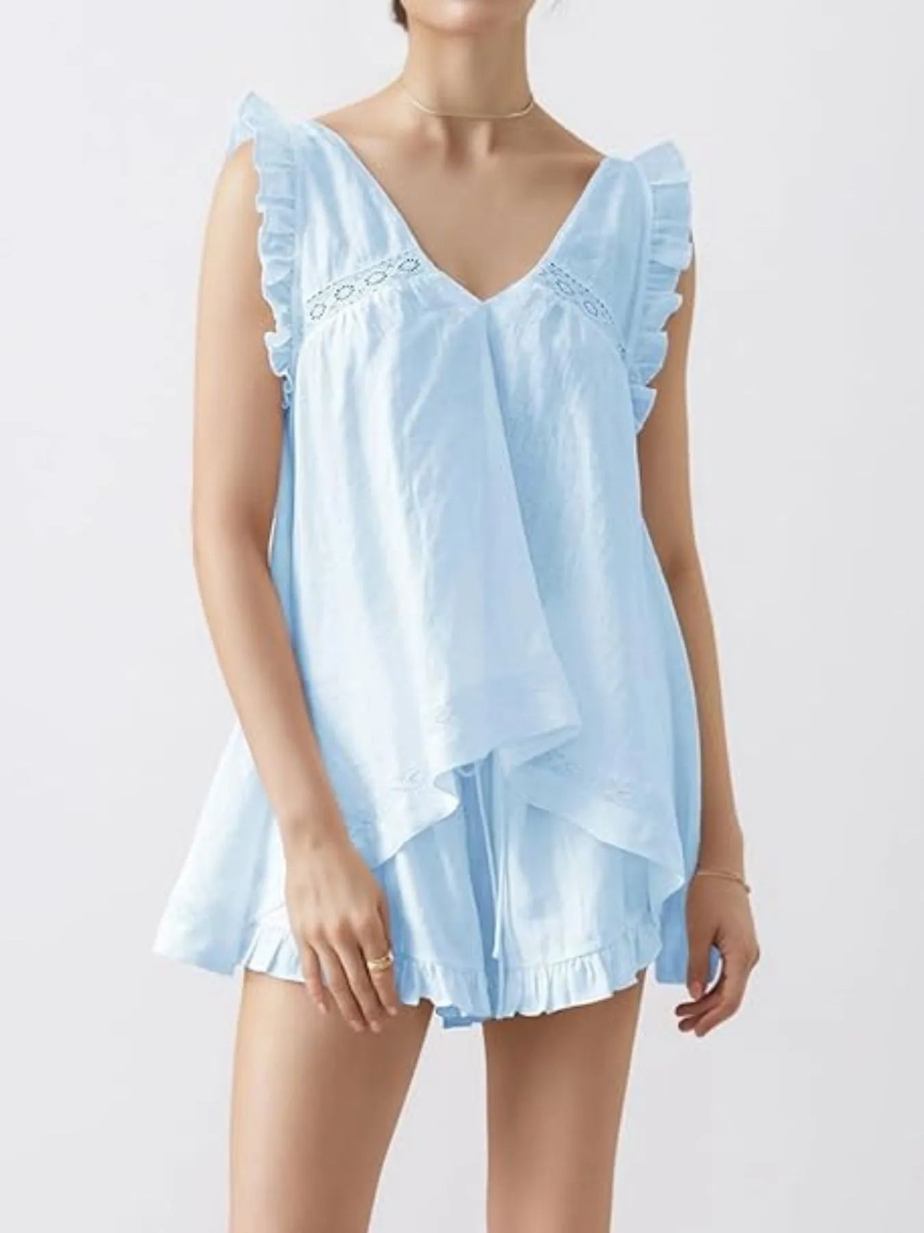 Ruffled V-Neck Top & High-Waist Shorts Co-Ord Set Light Blue