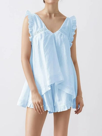 Ruffled V-Neck Top & High-Waist Shorts Co-Ord Set Light Blue