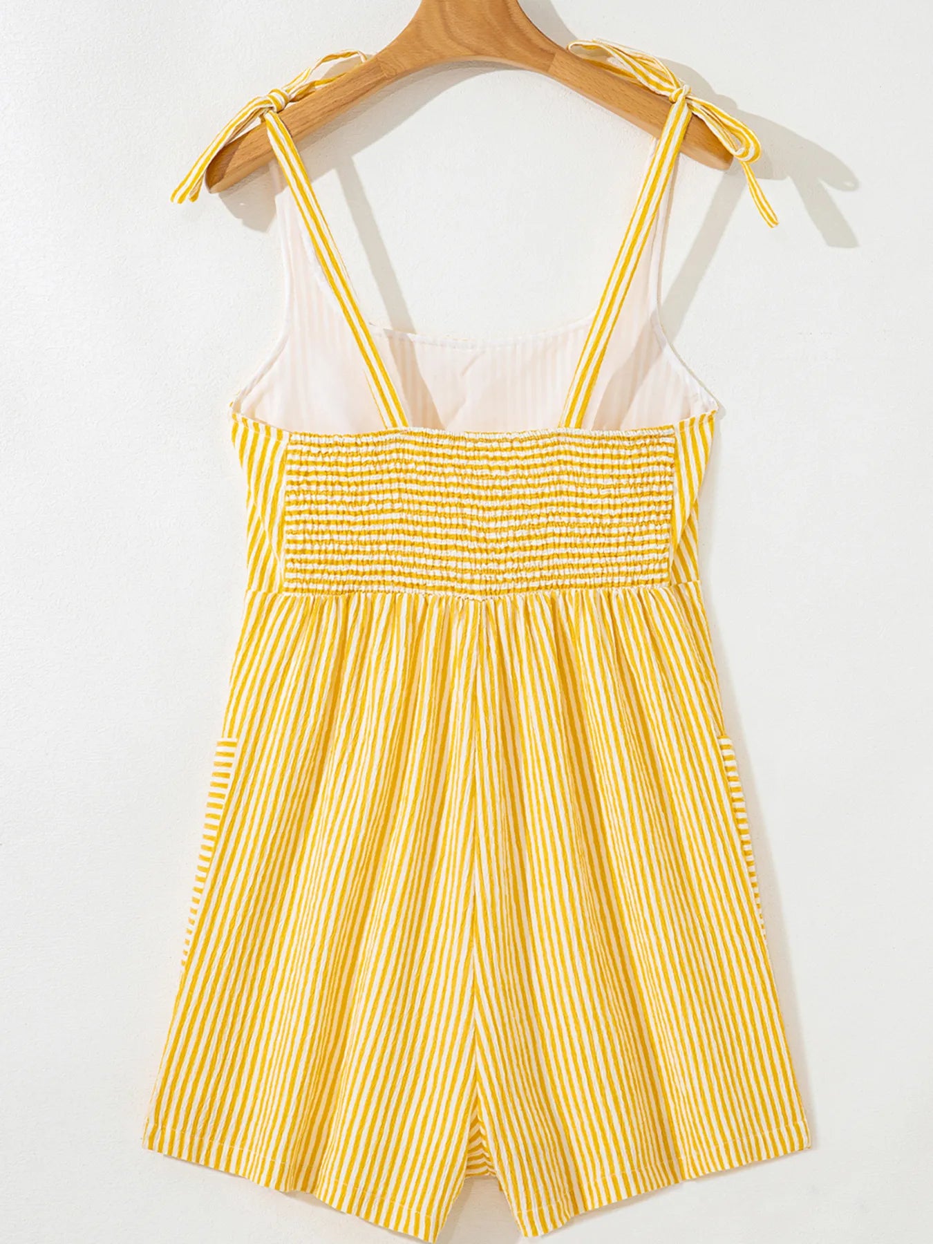 Striped Shoulder-Tie Smocked Back Casual Romper